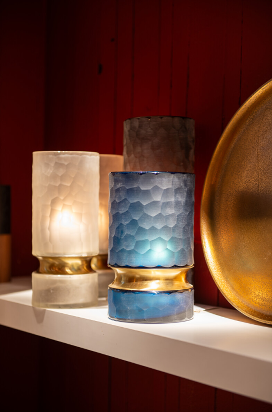 PORTA VELAS VIDRIO ESMERILADO AZUL Y BLANCO