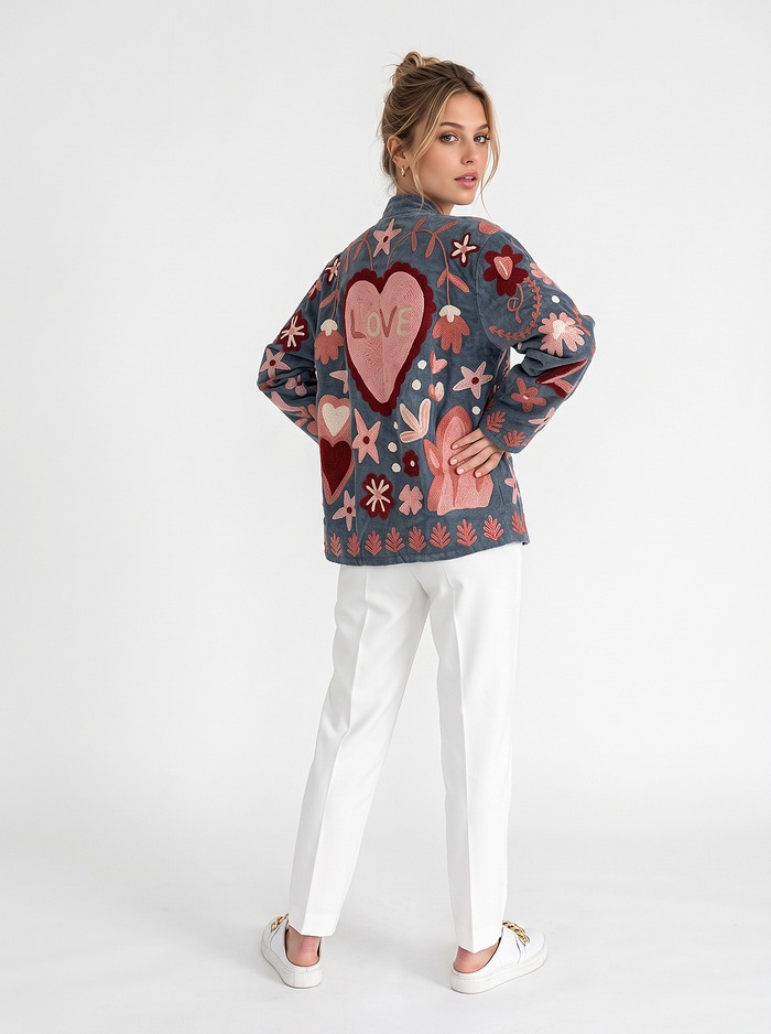 BLAZER AZUL DE TERCIOPELO PETRÓLEO CON ROSA Y BORDÓ TALLE S 2