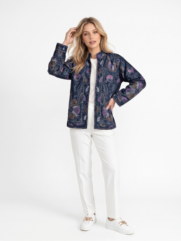 BLAZER AZUL JEAN CON LILA Y CELESTE TALLE M