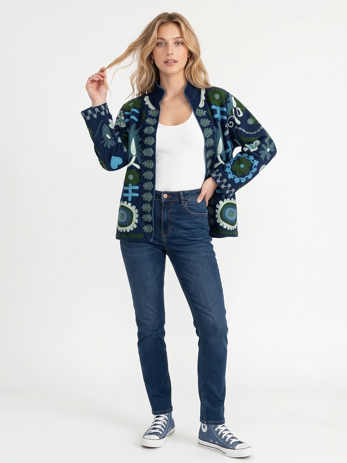 BLAZER DE TERCIOPELO AZUL CON VERDE Y TURQUESA TALLE M