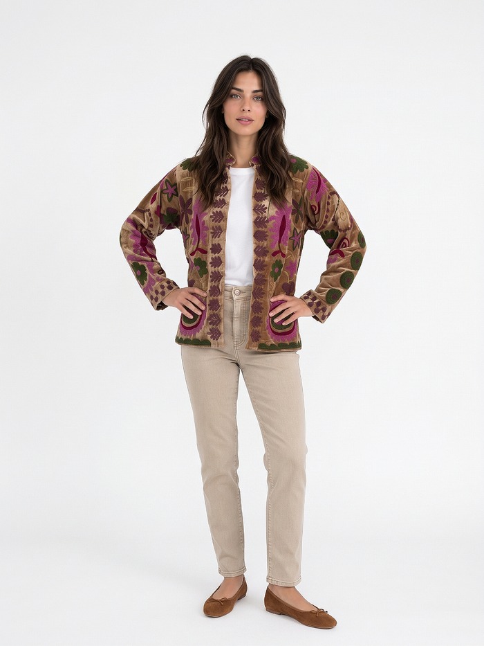BLAZER DE TERCIOPELO BEIGE CON ROSA Y VERDE TALLE S