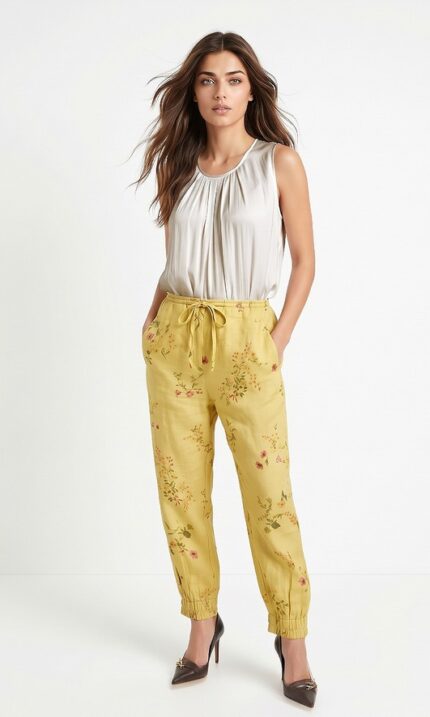 PANTALÓN MOSTAZA CON FLORES TALLE M