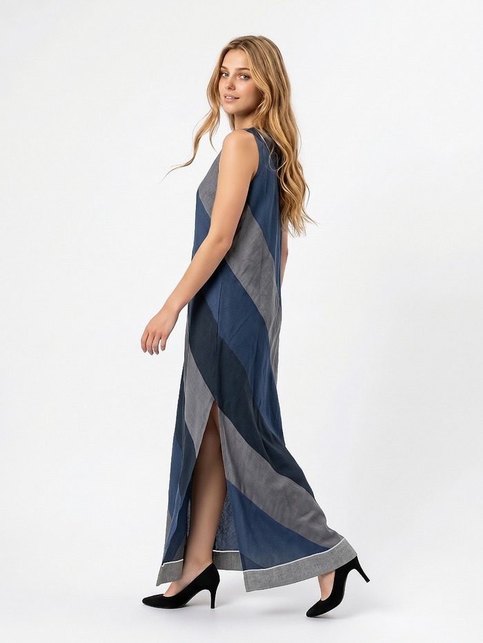 VESTIDO LARGO CON RAYAS DIAGONALES AZUL 2